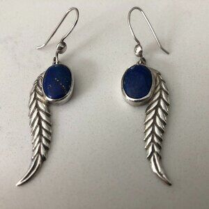 Vintage Genuine Lapis and Silver 325 Stamped Earrings w Feather Design Size OS